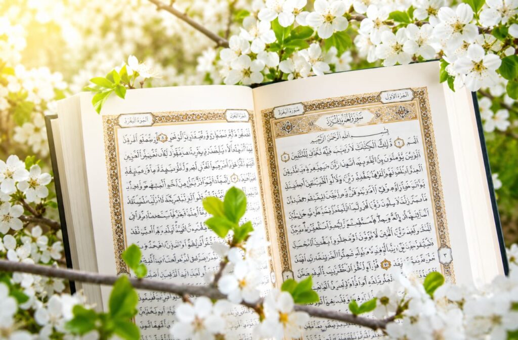 The Holy Quran beautifully adorned with fresh white spring blossom flowers, symbolizing pure Islamic education.