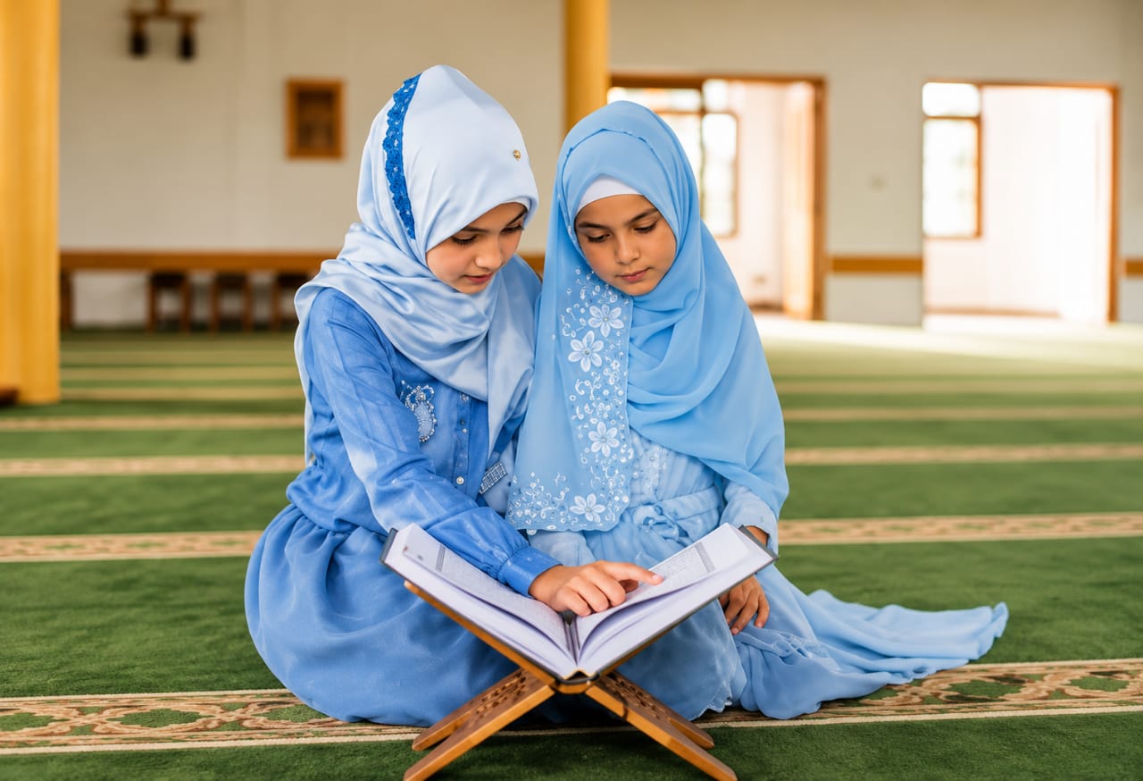 Two young Muslim girls wearing light blue hijabs sitting together on a green mosque carpet while reading the Holy Quran from a wooden book stand.