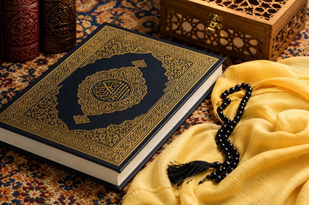 Holy Quran with prayer beads on Islamic background