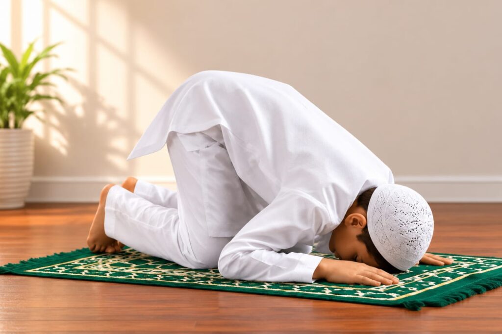 Young Muslim child performing Salah