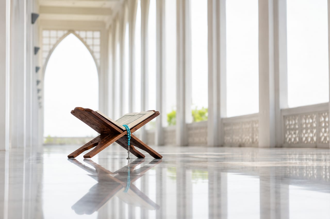 Holy Quran on wooden stand inside a mosque