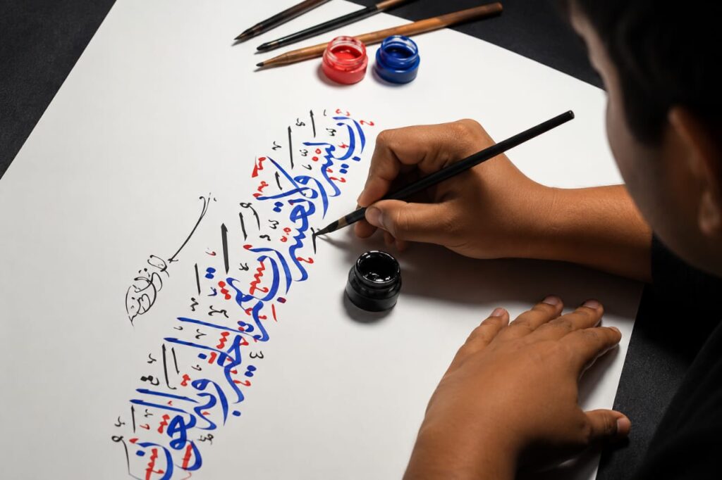 Student practicing Arabic Islamic calligraphy