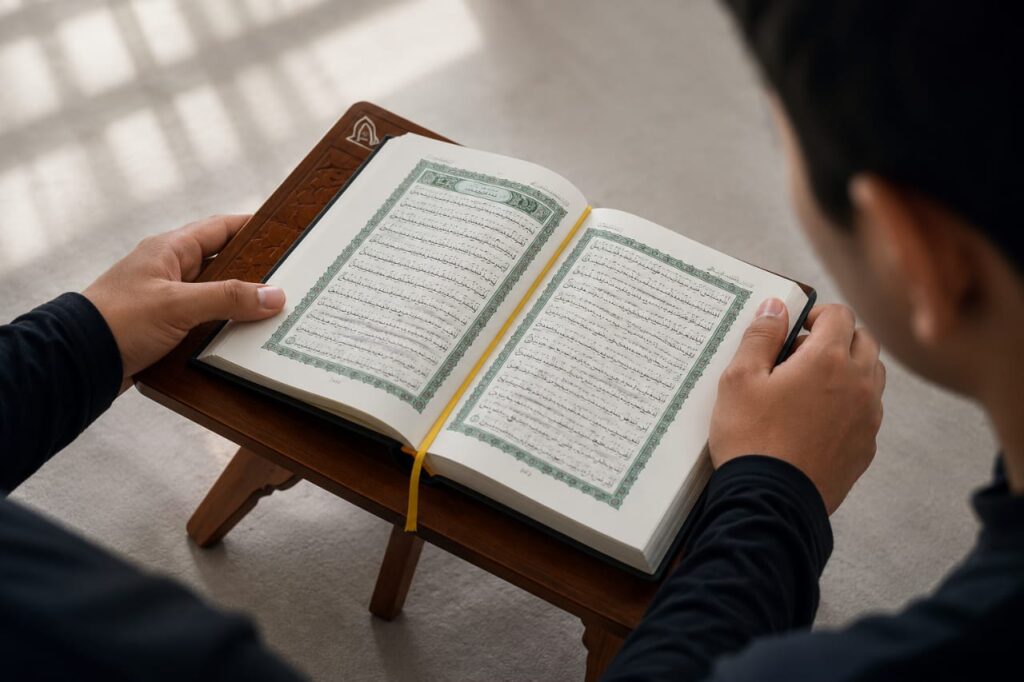 Reading the Holy Quran on a wooden stand