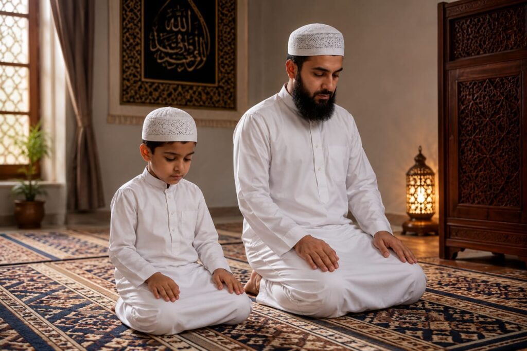 Muslim father and son performing Salah together at home on a prayer mat.