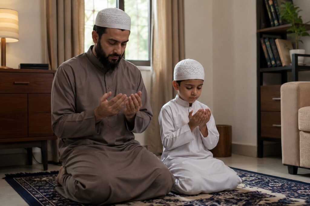 Muslim father and son making Dua together after Salah in a peaceful home setting.