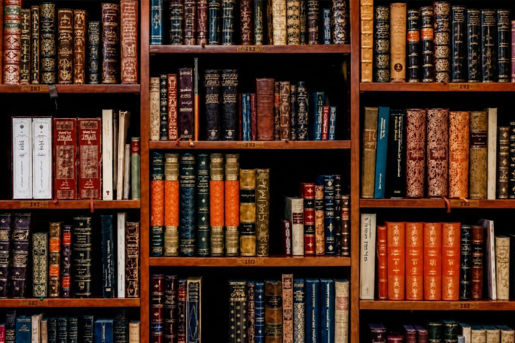 Traditional Islamic library with shelves full of authentic Islamic books and reference materials.