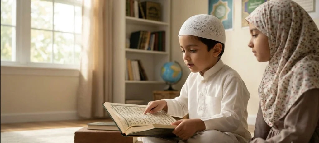 A young boy and girl sit focused on a patterned rug, looking at an open Quran. The boy points at a verse. In the sunlit background, a globe and bookshelf show a balanced learning environment, representing structured Quran lessons for kids.