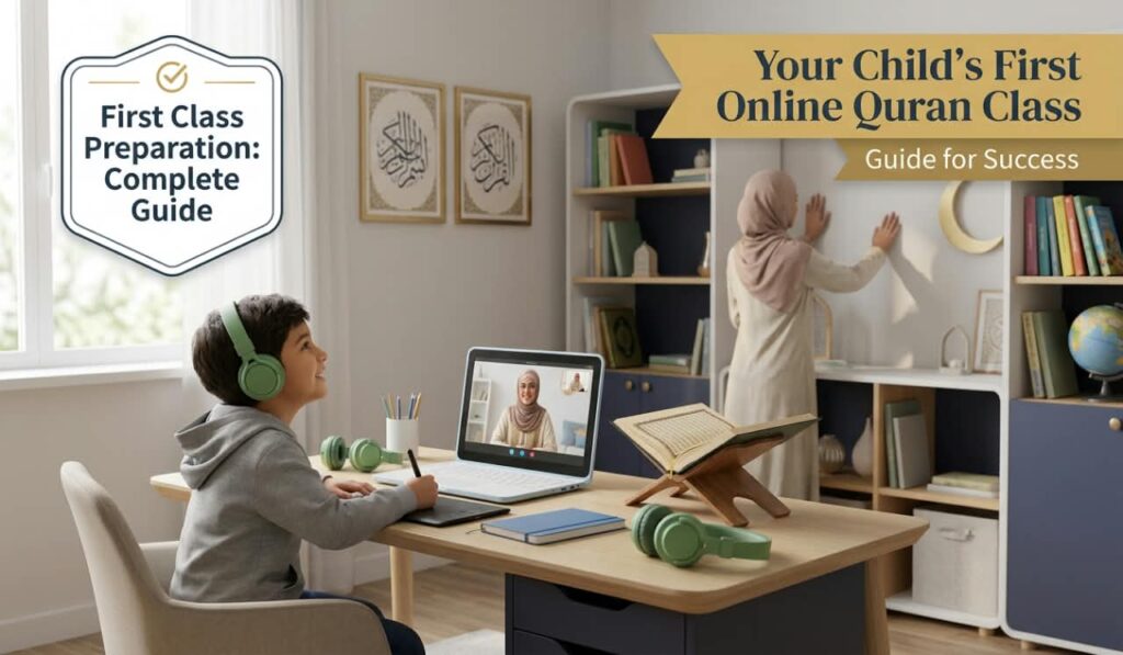 A young child sitting at a desk with a laptop and headphones taking online quran classes for kids at home.